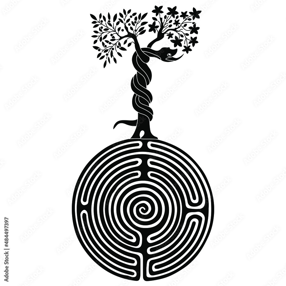 Tree of Eden with devil serpent on top of a round spiral maze or labyrinth symbol. Creative Biblical Christian concept for knowledge of good and evil. Black and white silhouette. - obrazy, fototapety, plakaty 