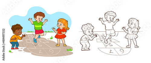 Coloring book two boys and a girl are jumping while playing hopscotch. Vector illustration in cartoon style, black and white line art