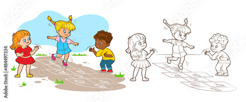 Coloring book two girls and a boy are jumping playing hopscotch. Vector illustration in cartoon style, black and white lines © Hanna