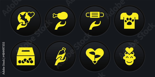 Set Donation and charity, Animal volunteer, water, Leaf in heart, Medical protective mask, food, Volunteer and Hand holding Earth globe icon. Vector