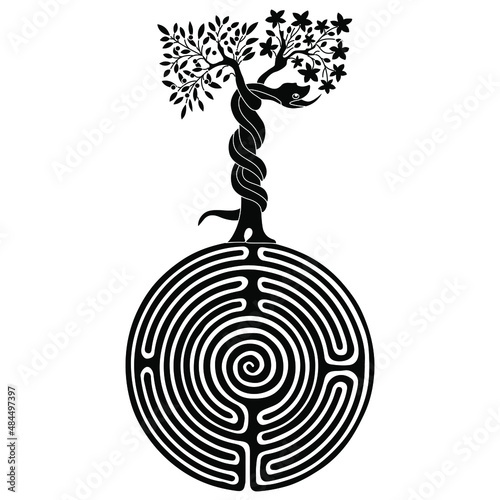 Tree of Eden with devil serpent on top of a round spiral maze or labyrinth symbol. Creative Biblical Christian concept for knowledge of good and evil. Black and white silhouette.