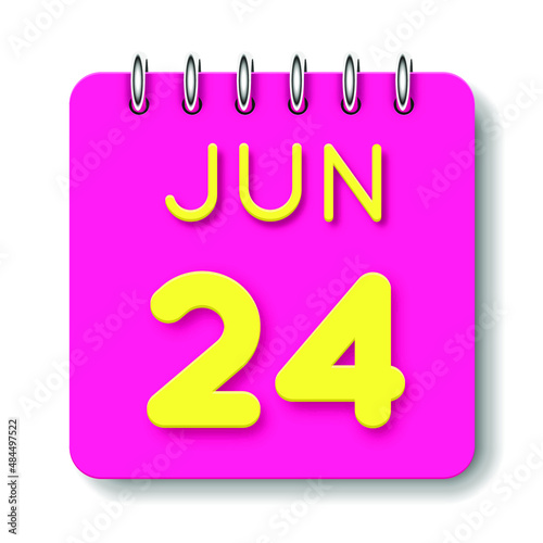 24 day of the month. June. Cute calendar daily icon. Date day week Sunday, Monday, Tuesday, Wednesday, Thursday, Friday, Saturday. Neon yellow. Pink Paper. White background.