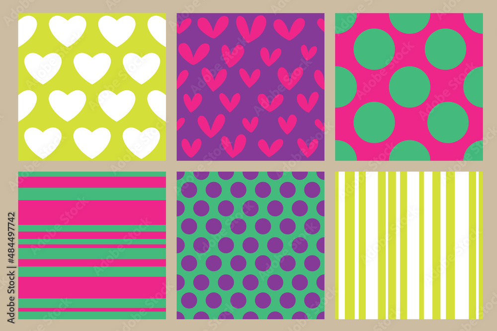 Six abstract seamless backgrounds with hearts, polka dots, stripes. Bright patterns for your design.