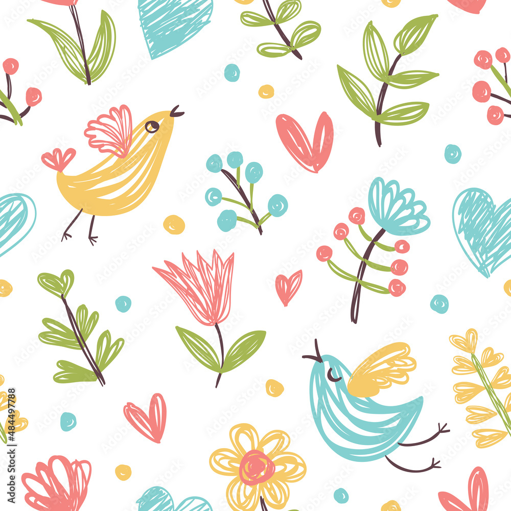 Seamless summer pattern with cute birds, flowers and clouds.