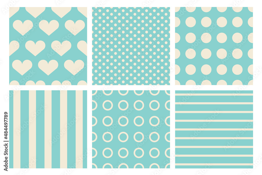 Six seamless abstract patterns with hearts, polka dots, stripes. Vector backgrounds in blue tones.