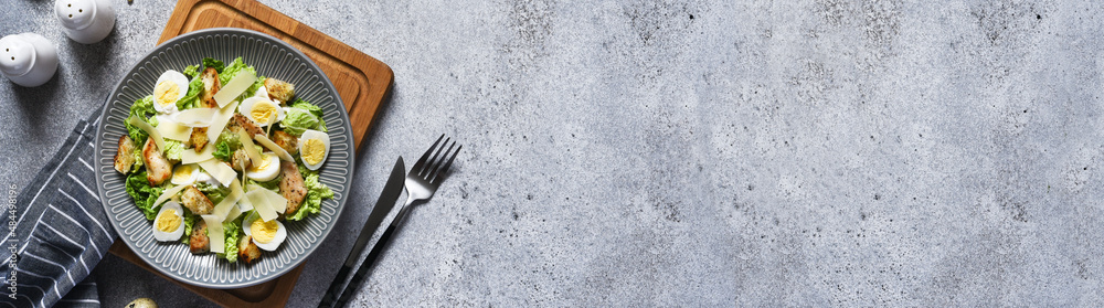 Caesar salad with chicken, sauce, and parmesan on concrete background. Caesar salad with chicken, sauce, and parmesan on concrete background.