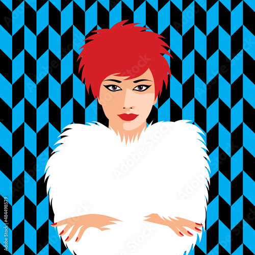 Fashion girl with red lips in fur coat. Beautiful woman face vector illustration. Stylish original graphics art portrait.