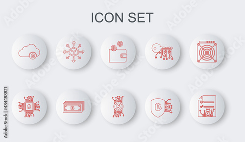Set line Smart contract, Processor chip with dollar, Cryptocurrency wallet, Shield bitcoin, cloud mining, Distribution, and circuit icon. Vector