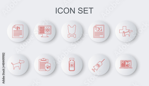 Set line Clinical record cat on laptop, Dog, and bone, Syringe with pet vaccine, Medical certificate for dog, monitor, and Pets vial medical icon. Vector