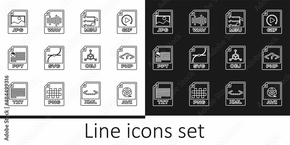 Set line AVI file document, PHP, M3U, SVG, PPT, JPG, OBJ and WAV icon. Vector Set line AVI file document, PHP, M3U, SVG, PPT, JPG, OBJ and WAV icon. Vector