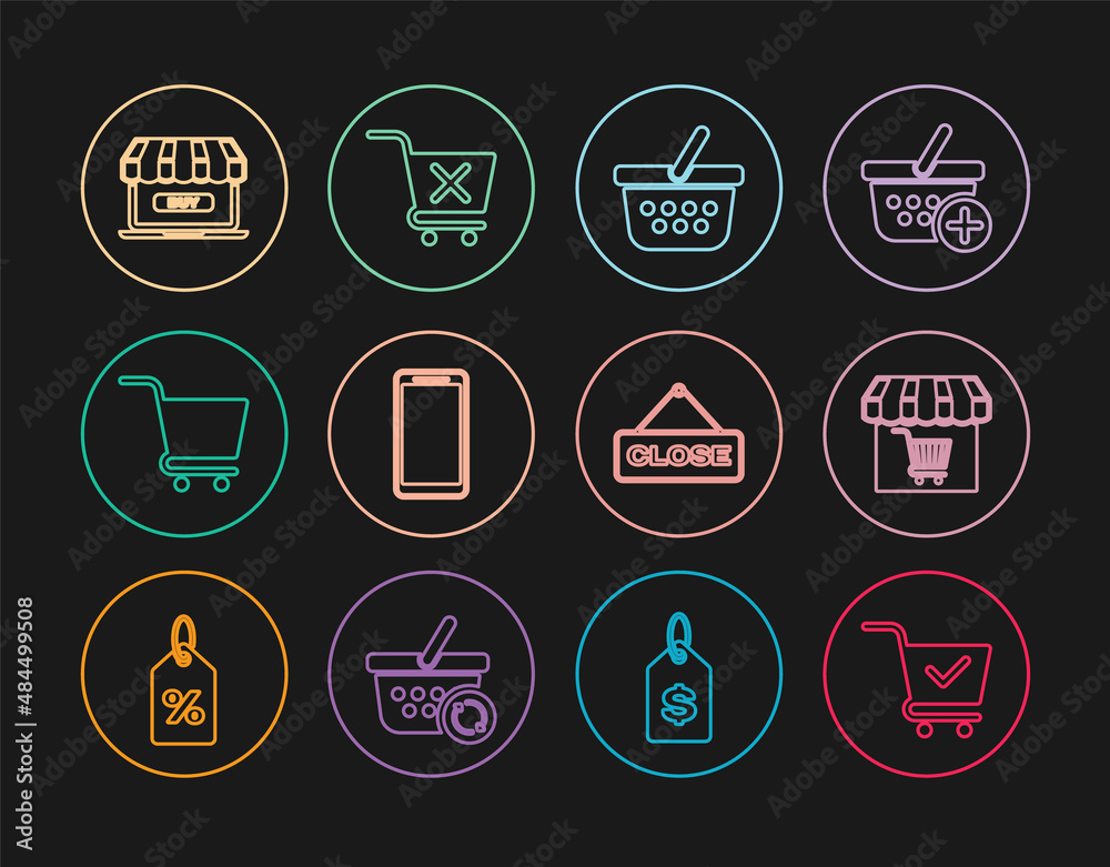 Set line Shopping cart with check mark, Market store shopping, basket, Smartphone, mobile phone, Online, Hanging sign Close and Remove icon. Vector Set line Shopping cart with check mark, Market store shopping, basket, Smartphone, mobile phone, Online, Hanging sign Close and Remove icon. Vector