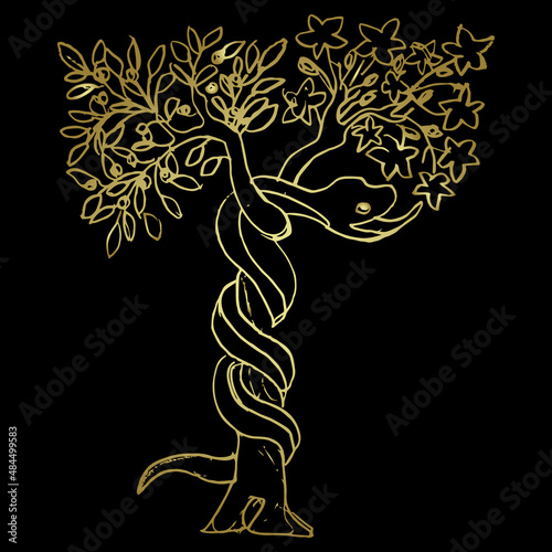Tree of the knowledge of good and evil. Serpent snake in Eden garden. Biblical Christian symbol. Apple fruit of sin. Hand drawn linear doodle sketch. Golden glossy silhouette on black background.