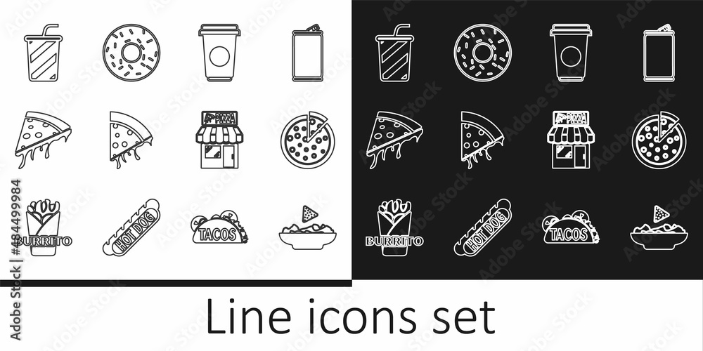 Set line Nachos in plate, Pizza, Coffee cup, Slice pizza, Glass with water, Pizzeria building facade and Donut icon. Vector