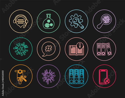 Set line Mobile service, Office folders, Wrench and gear, Hashtag speech bubble, Bacteria, Headphones with chat, Interesting facts and Test tube virus icon. Vector