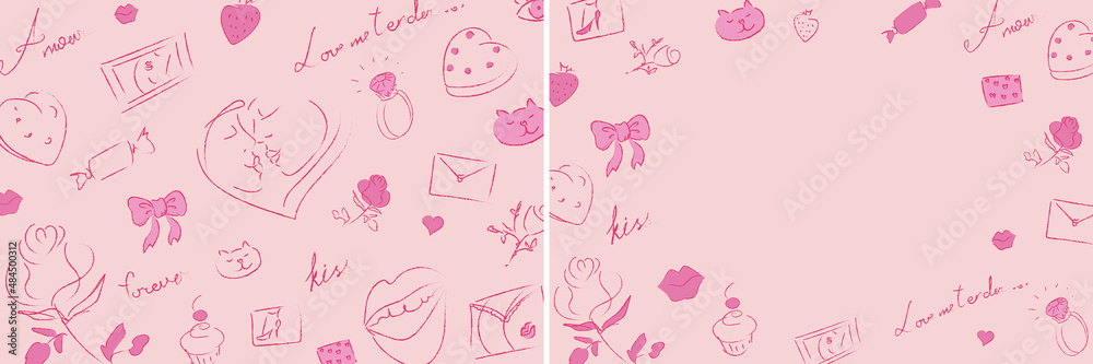Background set, nude pink line drawing. Pattern: kissing couple, heart, rose, love, flowers, sweets, gifts, candies, envelopes, cats, strawberries, diamond engagement ring. 2 parts. Valentine's Day.