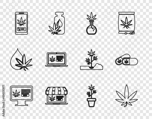 Set line Online buying marijuana, Marijuana or cannabis leaf, Test tube with, plant pot and Medical pills icon. Vector