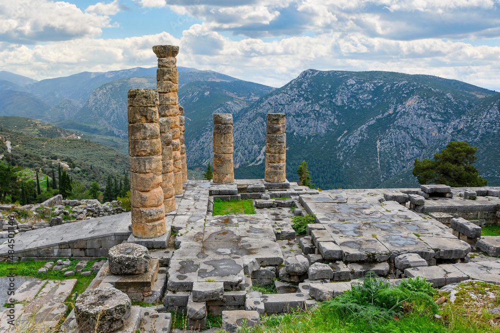 The ancient ruins of the Temple of Apollo at Delphi, Greece.	