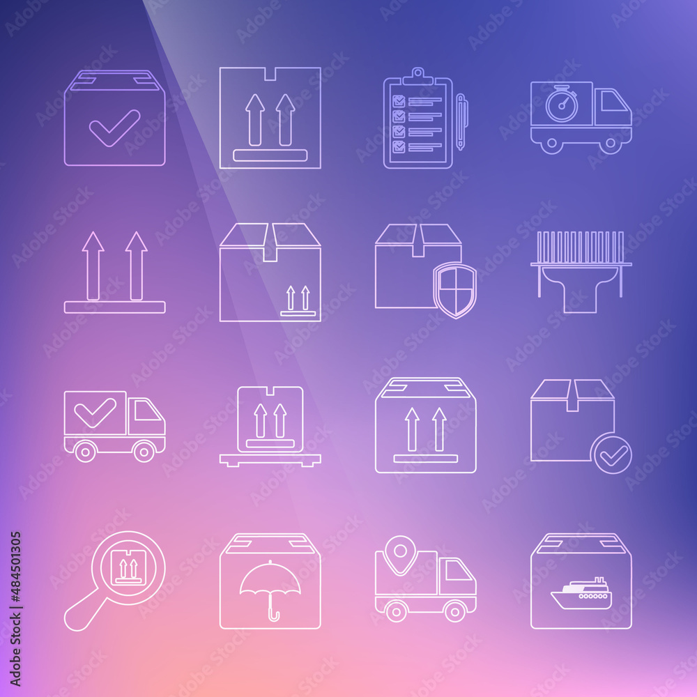 Set line Cargo ship with boxes, Package check mark, Scanner scanning bar code, Verification of delivery list, Cardboard traffic, This side up, and Delivery security shield icon. Vector Set line Cargo ship with boxes, Package check mark, Scanner scanning bar code, Verification of delivery list, Cardboard traffic, This side up, and Delivery security shield icon. Vector