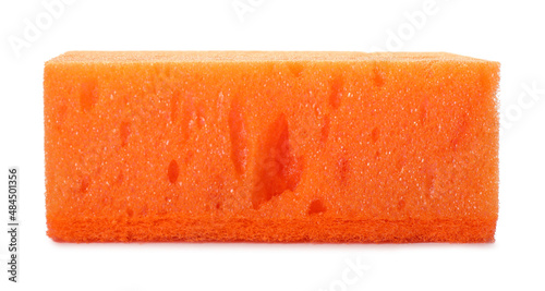 Orange cleaning sponge with abrasive scourer isolated on white