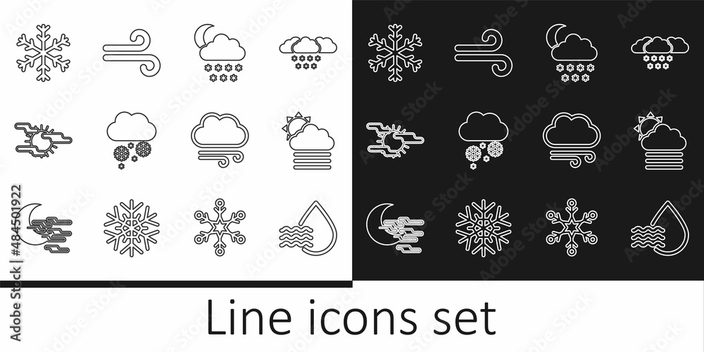 Set line Water drop percentage, Fog and cloud with sun, Cloud snow moon, Snowflake, Windy weather and icon. Vector