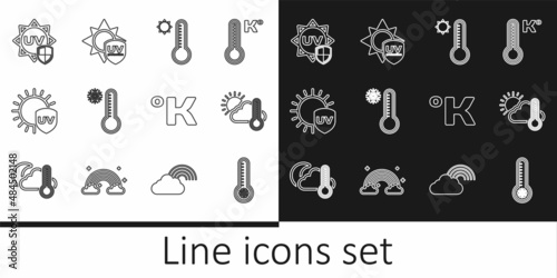 Set line Meteorology thermometer, Thermometer and cloud, sun, UV protection, Kelvin and icon. Vector