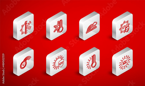 Set line UV protection, Thermometer with snowflake, Rainbow cloud, sun, Sun and, and icon. Vector