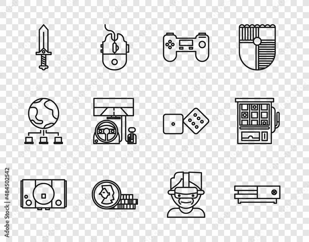Set line Video game console, Gamepad, Coin for, Sword, Racing simulator cockpit, Virtual reality glasses and Slot machine icon. Vector Set line Video game console, Gamepad, Coin for, Sword, Racing simulator cockpit, Virtual reality glasses and Slot machine icon. Vector
