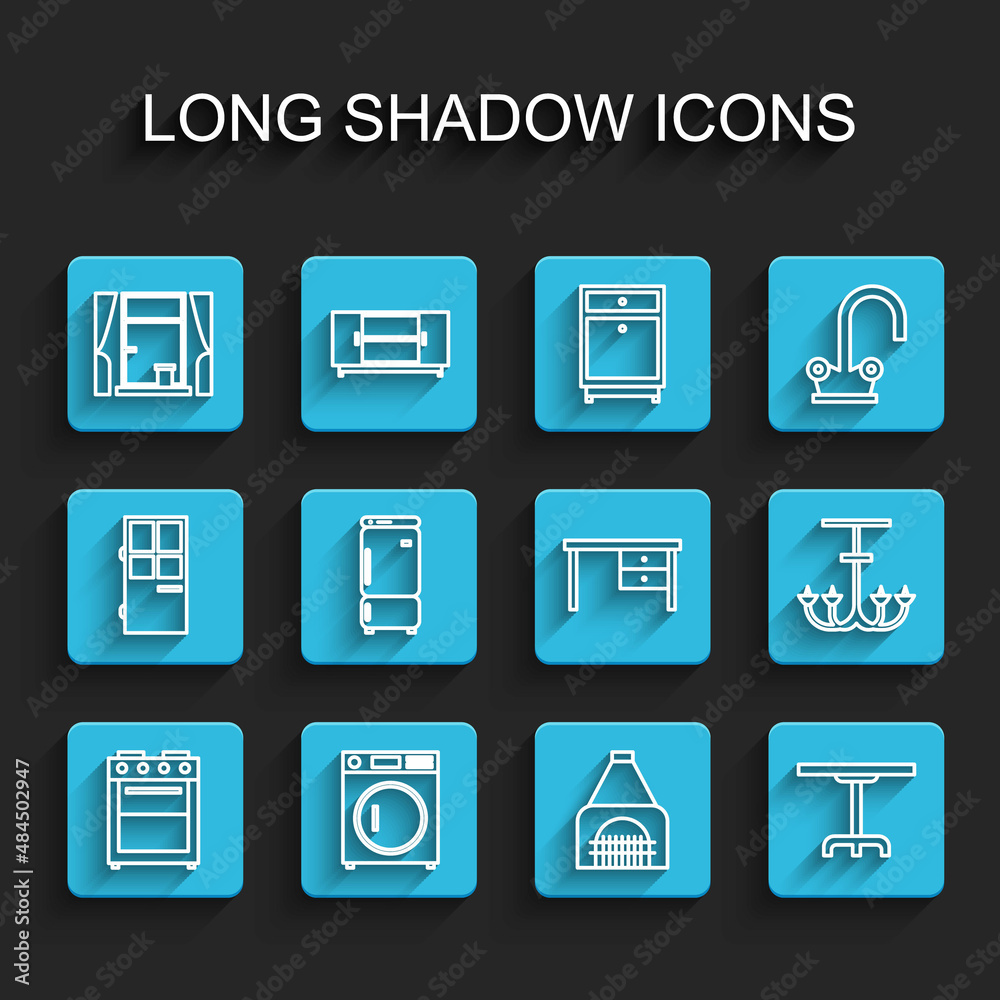 Set line Oven, Washer, Window with curtains, Interior fireplace, Round table, Refrigerator, Chandelier and Office desk icon. Vector Set line Oven, Washer, Window with curtains, Interior fireplace, Round table, Refrigerator, Chandelier and Office desk icon. Vector