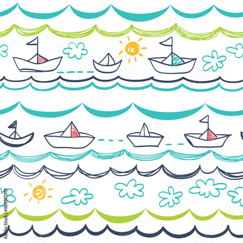 Seamless pattern in the concept of children's drawings. Seamless pattern with ships,sun, clouds, sea and waves.