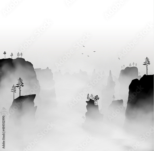 Grand canyon inside the dense fog at early morning. Beautiful landscape with monumental mountains and clouds of mist around it with birds flying up above the sky