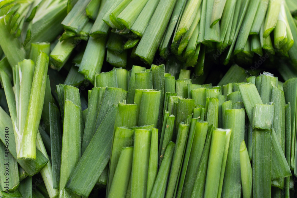Fresh Chinese Chive leaves, Close up