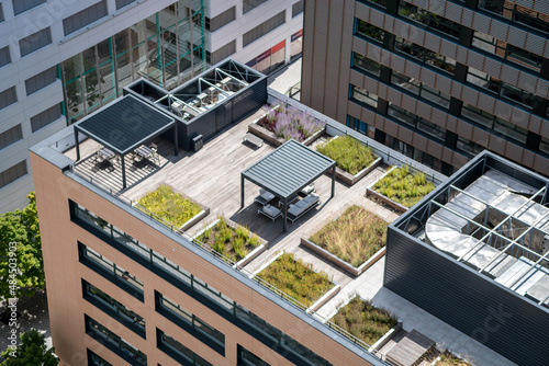 Modern ecological green roofs on office buildings in Prague.