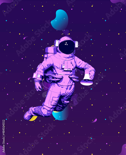 Fototapeta Naklejka Na Ścianę i Meble -  astronaut is drifting and holding a bullhorn on his hand