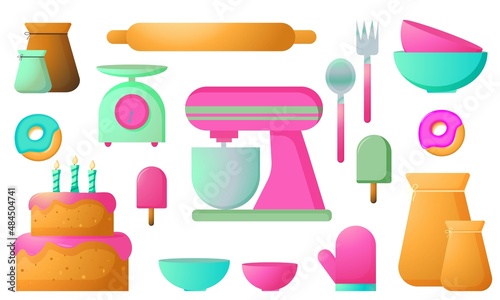 Vector confectionery set for making cake, repairs, ice cream. Collection of kitchen utensils icons, rolling pin, mixer, scales, cup. Use for design, scrapbooking, stickers, poster.
