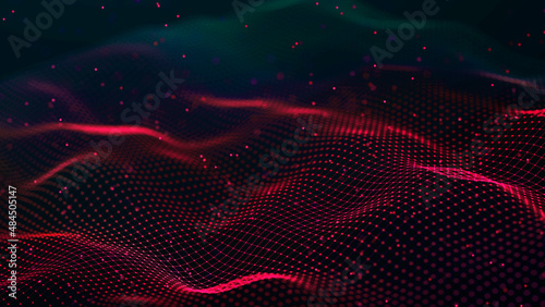 Futuristic dots pattern on dark background. Colored music wave. Big data. Technology or Science Banner. 3D rendering