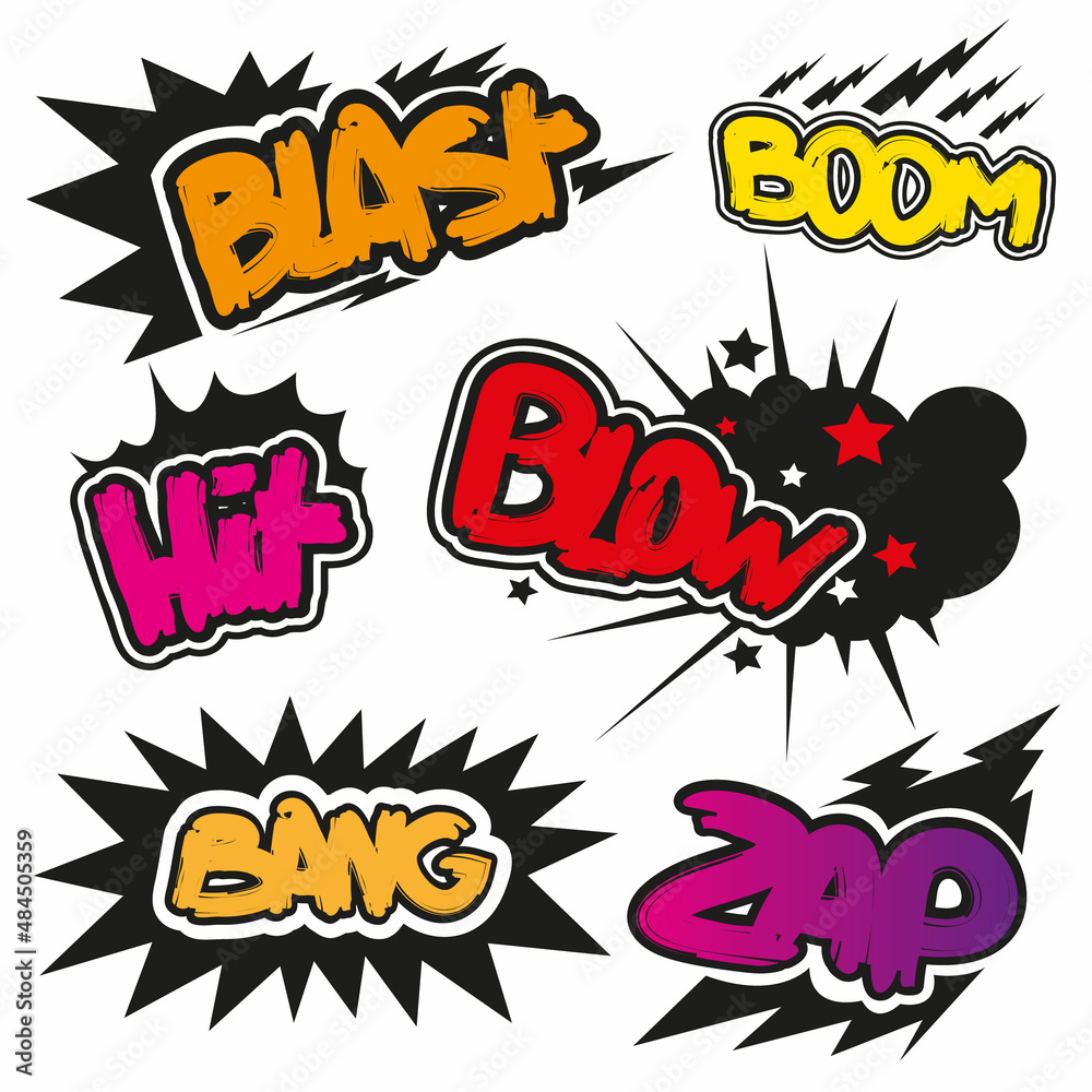 Obraz premium Set comic book explosion, boom stickers set, vector illustration