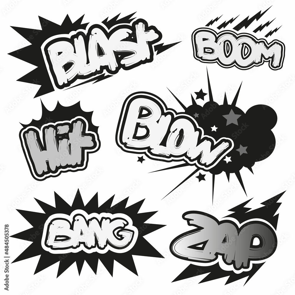 Set comic book explosion, boom stickers set, vector illustration