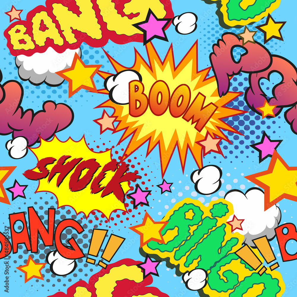 Comic book explosion, boom
seamless pattern, vector illustration Comic book explosion, boom
seamless pattern, vector illustration
