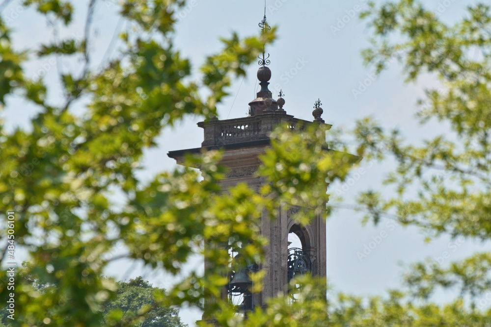 Il campanile della chiesa di Sant'Ambrogio a Porto Ceresio in provincia di Varese, Italia.