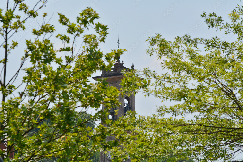 Il campanile della chiesa di Sant'Ambrogio a Porto Ceresio in provincia di Varese, Italia.