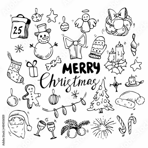 Big set of Christmas design element in doodle style. Vector illustration