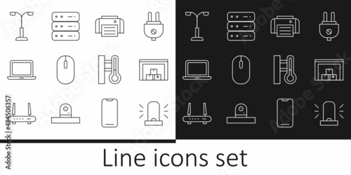 Set line Flasher siren, Warehouse, Printer, Computer mouse, Laptop, Street light, Meteorology thermometer and Server, Data, Web Hosting icon. Vector