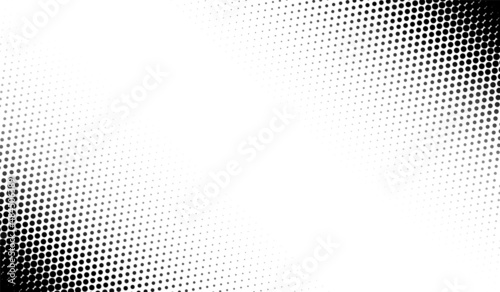 Halftone corner texture. Faded dot pattern for design prints. Bg abstract gradient. Black geometric background for overlay effect. Subtle patern. Digital polka. Dots gradation. Vector illustration
