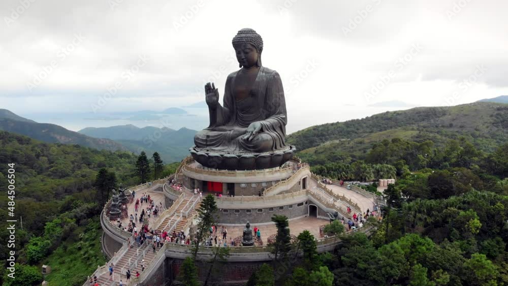Aerial view of Tian Tan Buddha statue in Lantau Island, Hong Kong, China.