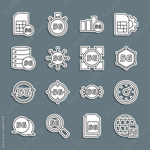 Set line Globe 5G Sim Card, Digital speed meter, network, Server, and icon. Vector