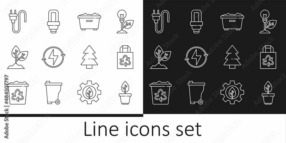 Set line Plant in pot, Paper bag with recycle, Trash can, Lightning bolt, Electric plug, Christmas tree and LED light bulb icon. Vector
