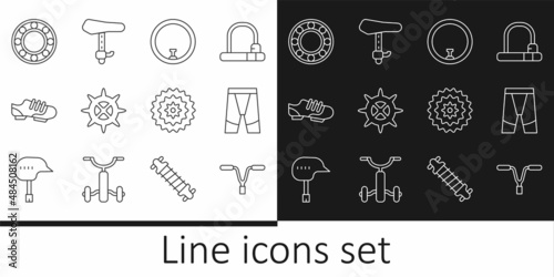 Set line Bicycle handlebar, Cycling shorts, wheel, sprocket crank, shoes, ball bearing, cassette and seat icon. Vector