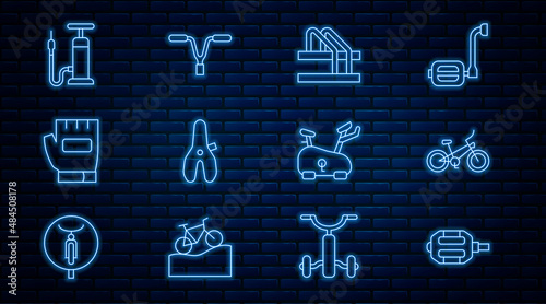Set line Bicycle pedal, parking, seat, Gloves, air pump, Stationary bicycle and handlebar icon. Vector