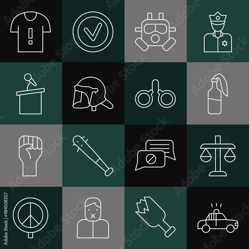 Set line Police car and flasher, Scales of justice, Cocktail molotov, Gas mask, helmet, Stage stand or tribune, T-shirt protest and Handcuffs icon. Vector
