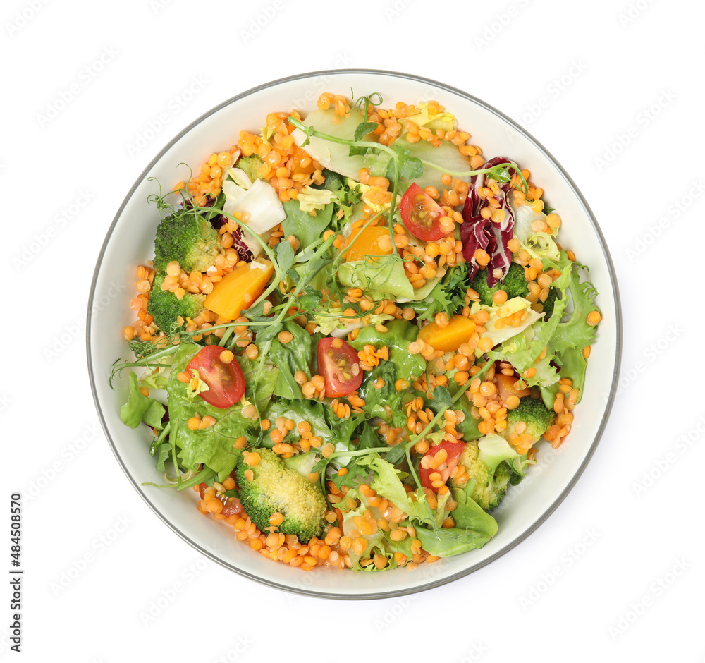 Bowl of delicious salad with lentils and vegetables isolated on white, top view Bowl of delicious salad with lentils and vegetables isolated on white, top view